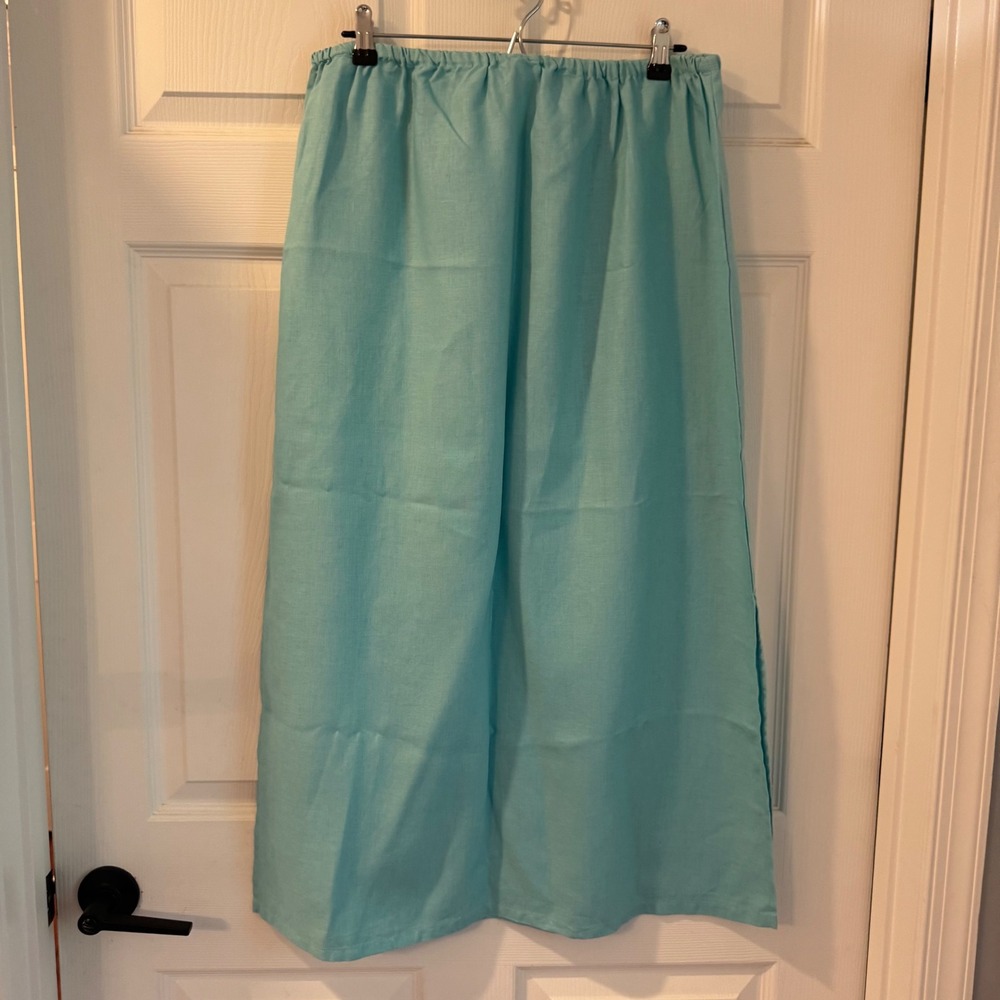 Chadwick's Maxi Skirt Women 14W Aqua 100% Linen Side Slit Elastic Waist